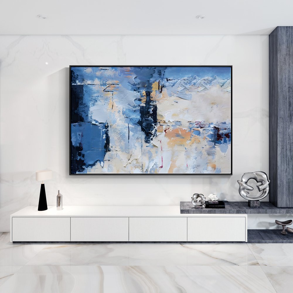 Tranquil Blue Reflections: Abstract Oil Painting for Modern Home Decor