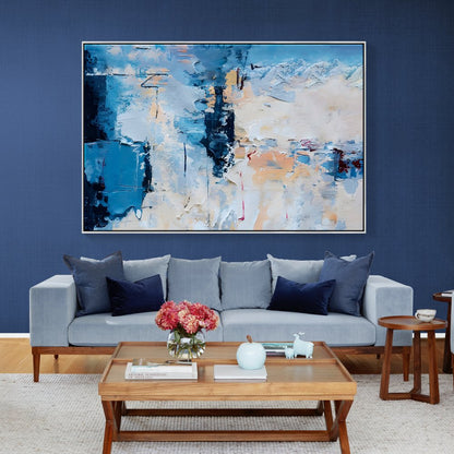 Tranquil Blue Reflections: Abstract Oil Painting for Modern Home Decor