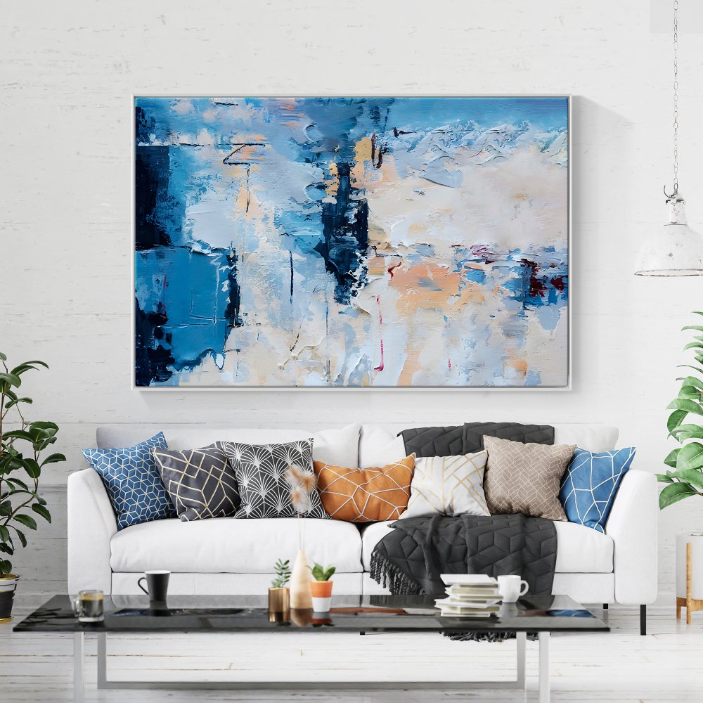 Tranquil Blue Reflections: Abstract Oil Painting for Modern Home Decor