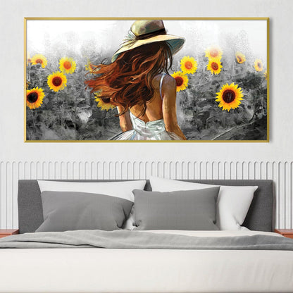 Sunflower Serenity: Woman in White Dress with Sunflowers Oil Painting