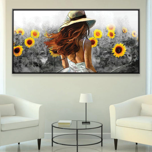 Sunflower Serenity: Woman in White Dress with Sunflowers Oil Painting