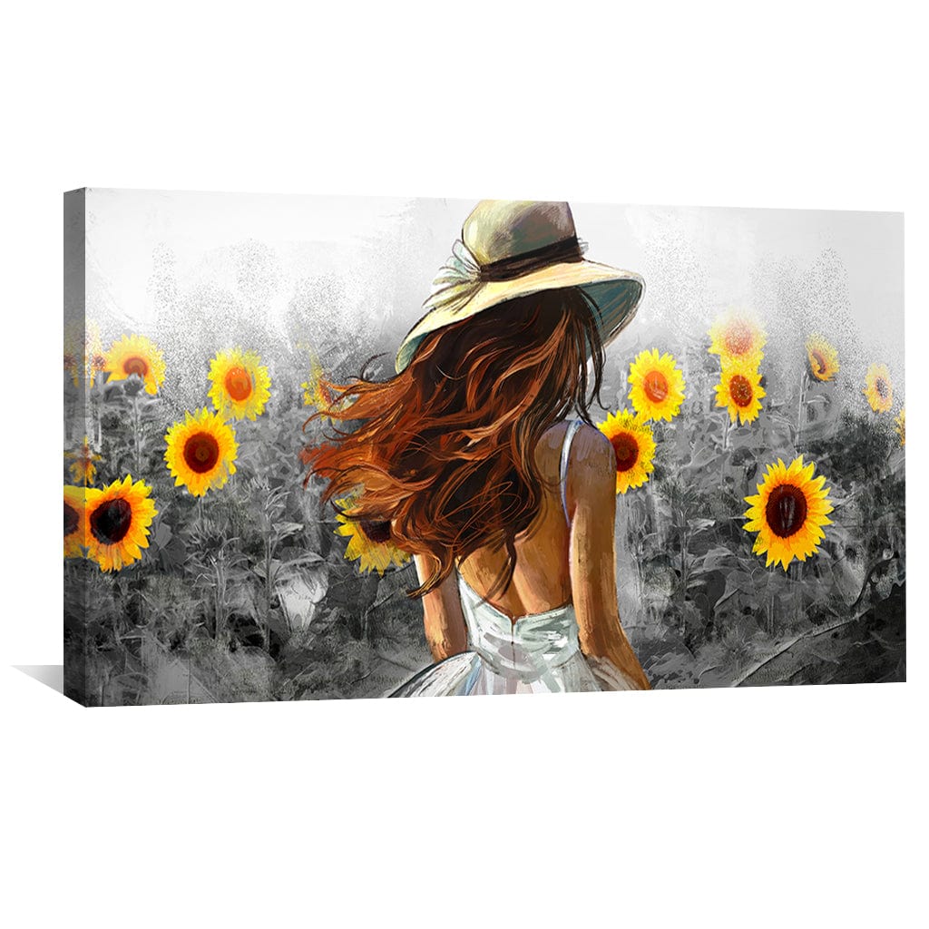 Sunflower Serenity: Woman in White Dress with Sunflowers Oil Painting