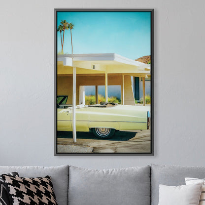 Vintage Car Under Palm Trees - Bright Oil Painting for Modern Decor