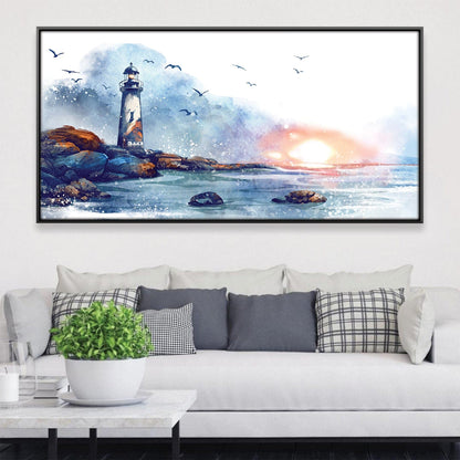 Serene Lighthouse Sunrise Oil Painting for Coastal Home Decor