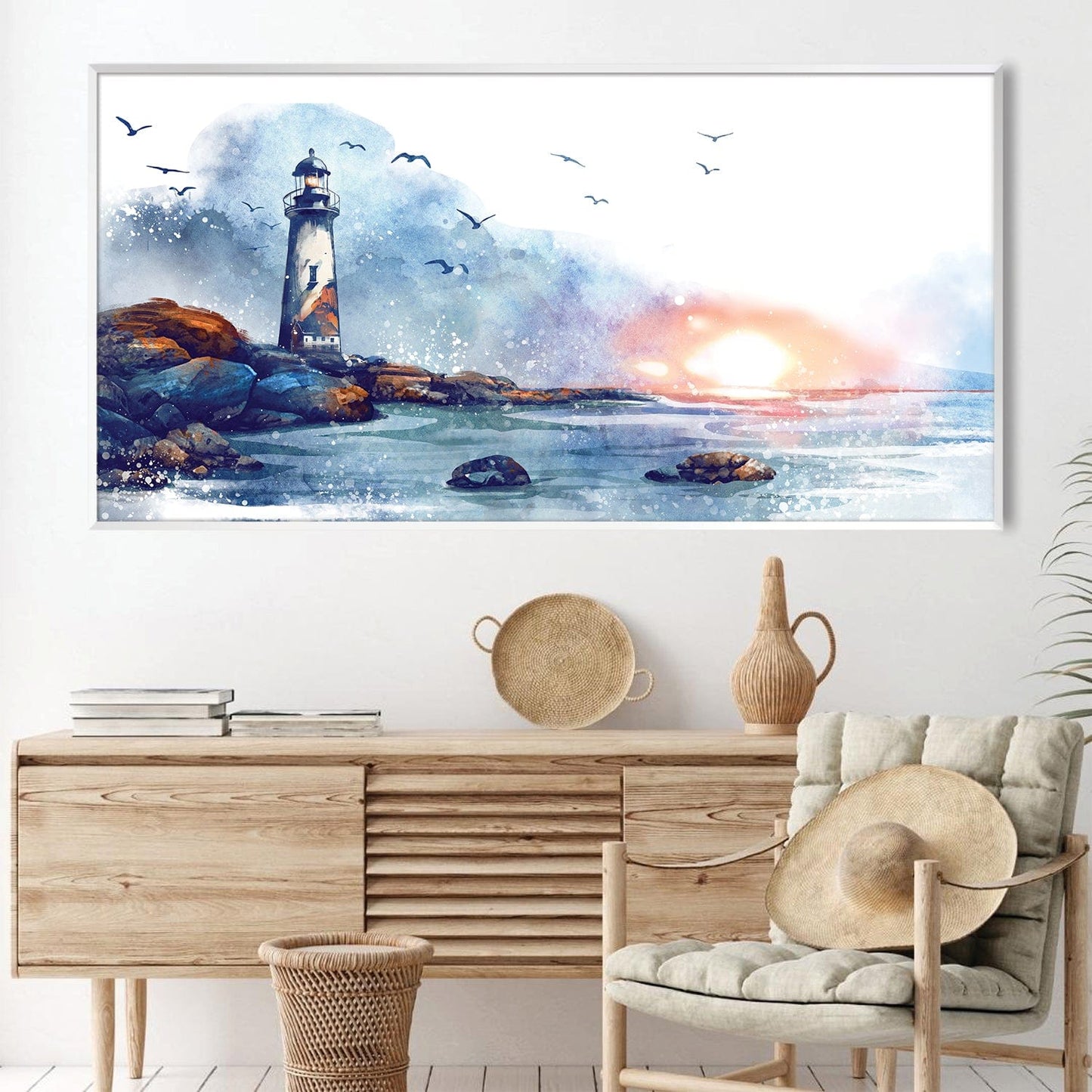 Serene Lighthouse Sunrise Oil Painting for Coastal Home Decor