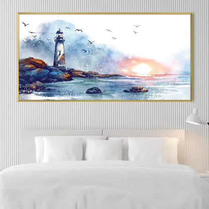 Serene Lighthouse Sunrise Oil Painting for Coastal Home Decor