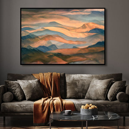 Abstract Oil Painting of Serene Sunset Over Mountain Ridge Landscape