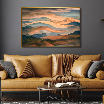 Abstract Oil Painting of Serene Sunset Over Mountain Ridge Landscape