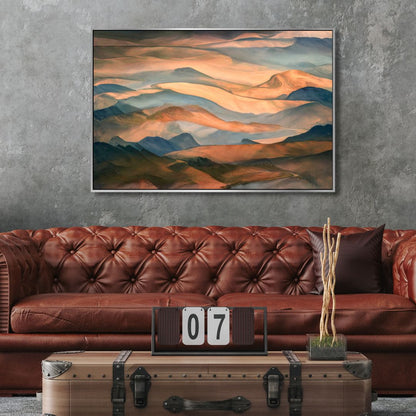 Abstract Oil Painting of Serene Sunset Over Mountain Ridge Landscape