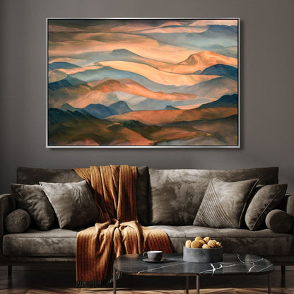 Abstract Oil Painting of Serene Sunset Over Mountain Ridge Landscape