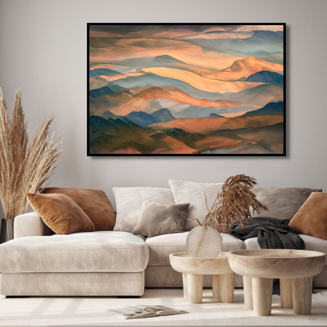 Abstract Oil Painting of Serene Sunset Over Mountain Ridge Landscape