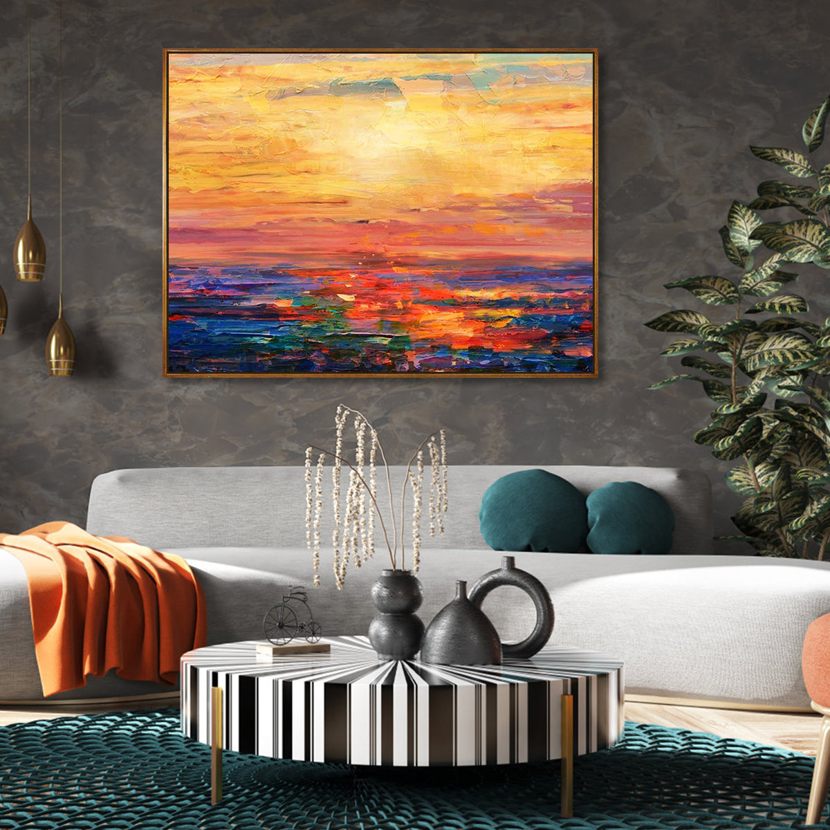 Vibrant Sunset Ocean View - Handcrafted Oil Painting for Home Decor