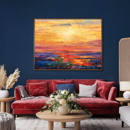 Vibrant Sunset Ocean View - Handcrafted Oil Painting for Home Decor
