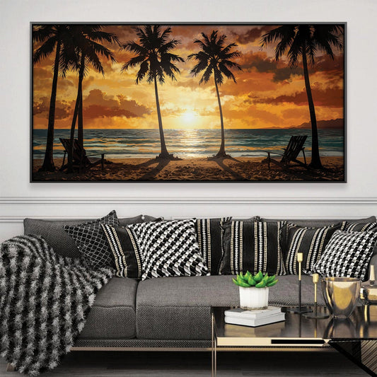 Tropical Sunset Oil Painting with Palm Trees for Beachy Home Decor
