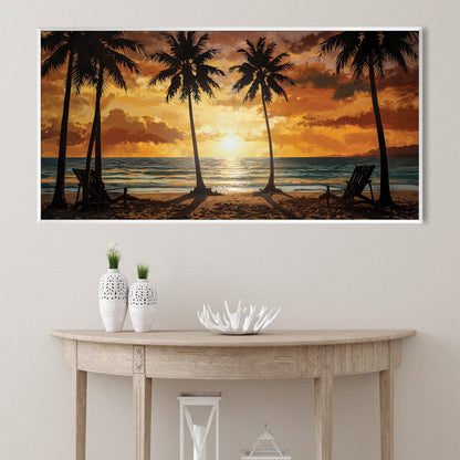 Tropical Sunset Oil Painting with Palm Trees for Beachy Home Decor