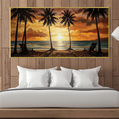 Tropical Sunset Oil Painting with Palm Trees for Beachy Home Decor