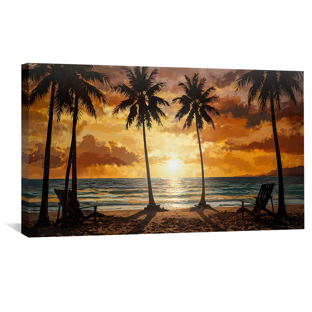 Tropical Sunset Oil Painting with Palm Trees for Beachy Home Decor