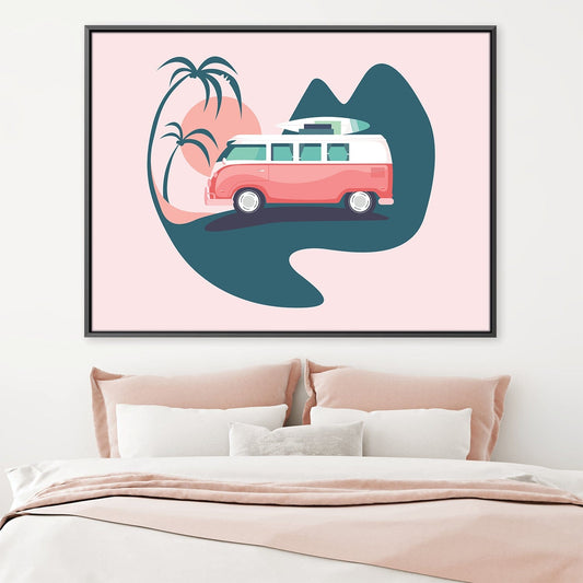 Retro Surf Van with Palms - Colorful Oil Painting for Beachy Home Decor