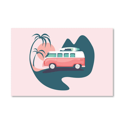 Retro Surf Van with Palms - Colorful Oil Painting for Beachy Home Decor