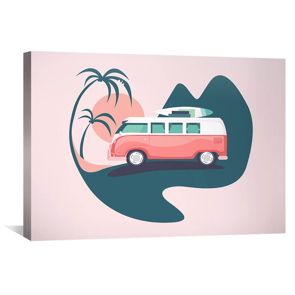 Retro Surf Van with Palms - Colorful Oil Painting for Beachy Home Decor