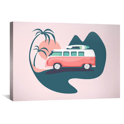 Retro Surf Van with Palms - Colorful Oil Painting for Beachy Home Decor