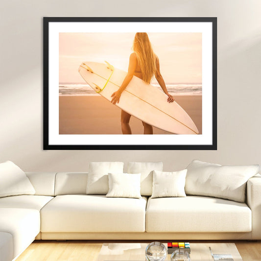 Beach Sunset Surfer Girl Oil Painting for Coastal Home Decor