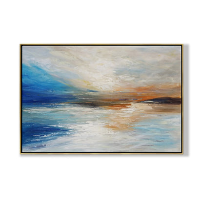 Tranquil Sunset Reflection - Abstract Coastal Oil Painting for Serene Home Decor