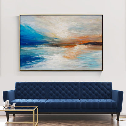 Tranquil Sunset Reflection - Abstract Coastal Oil Painting for Serene Home Decor