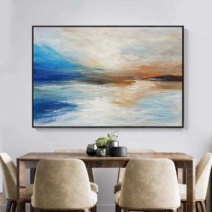 Tranquil Sunset Reflection - Abstract Coastal Oil Painting for Serene Home Decor