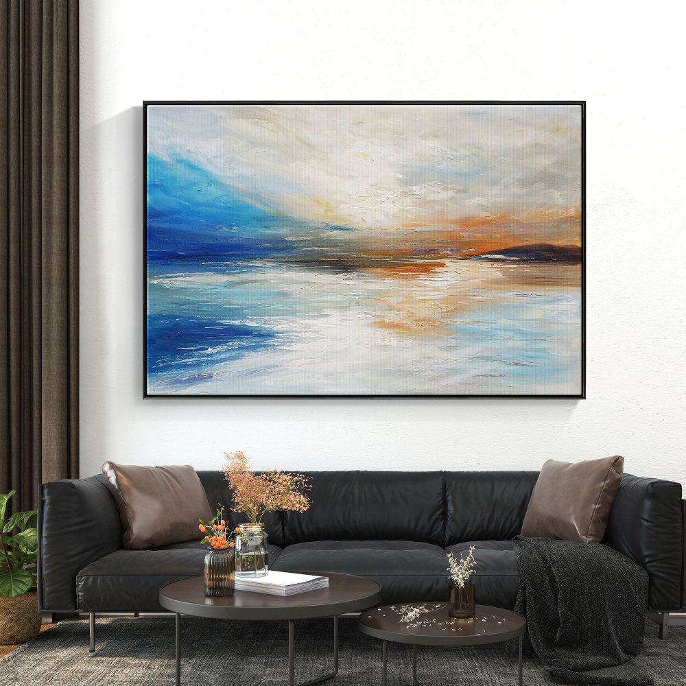 Tranquil Sunset Reflection - Abstract Coastal Oil Painting for Serene Home Decor