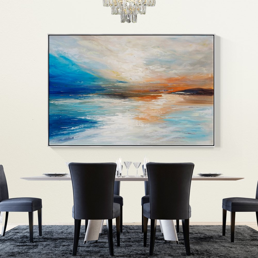 Tranquil Sunset Reflection - Abstract Coastal Oil Painting for Serene Home Decor