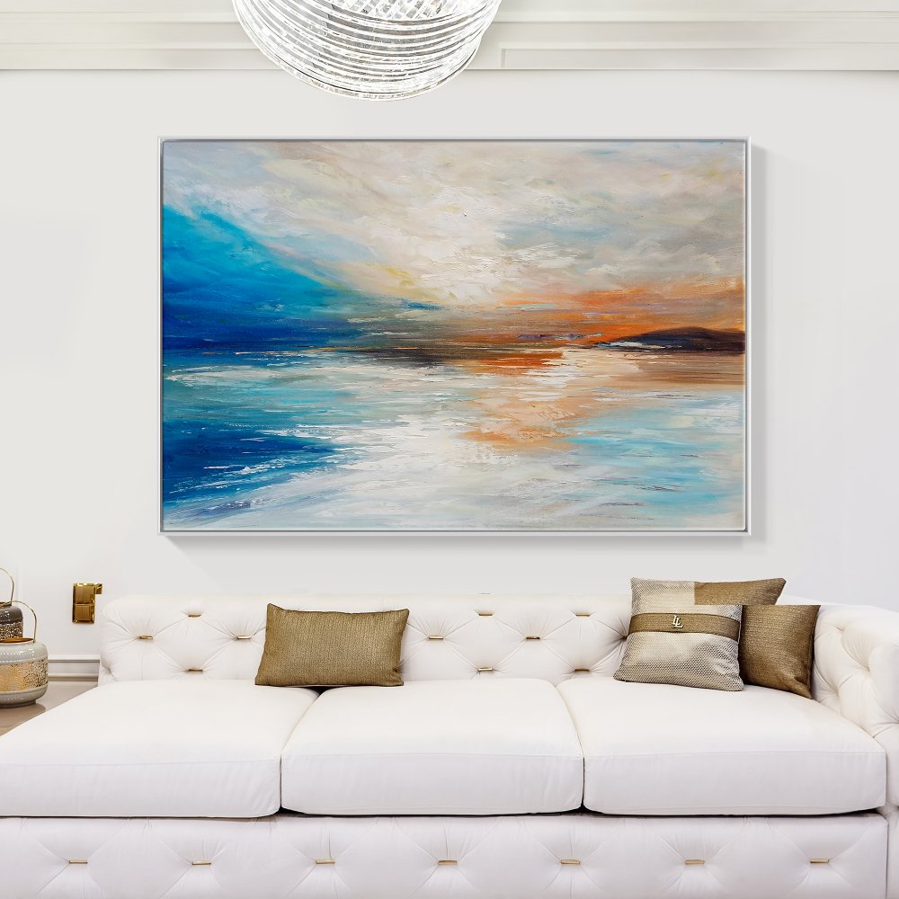 Tranquil Sunset Reflection - Abstract Coastal Oil Painting for Serene Home Decor