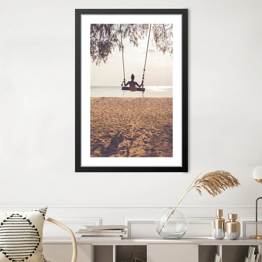 Tranquil Beach Swing Oil Painting for Relaxing Home Decor