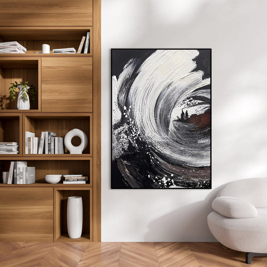 Dynamic Black and White Abstract Wave Oil Painting for Modern Decor