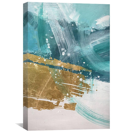 Abstract Turquoise and Gold Oil Painting for Modern Home Decor