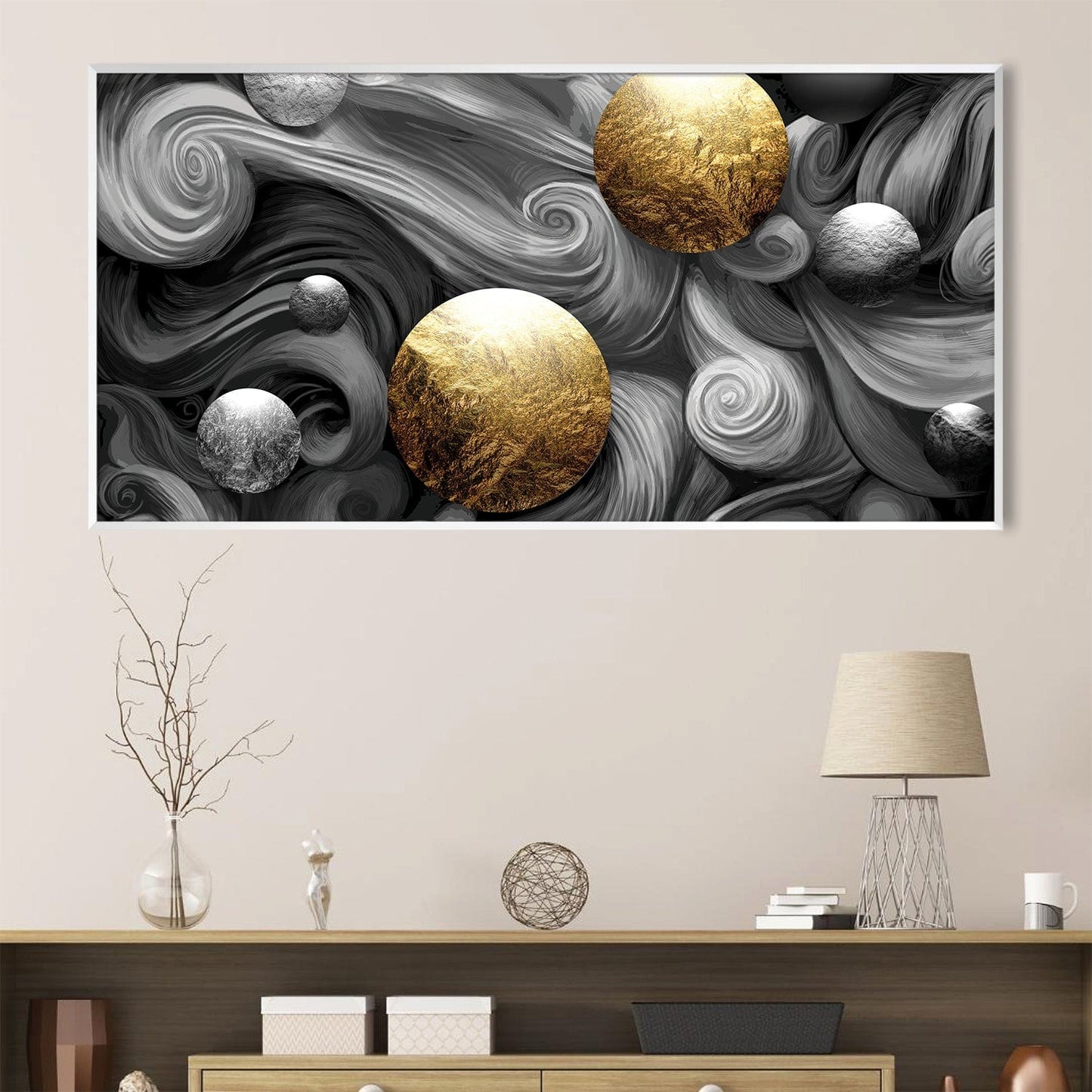 Abstract Black and Gold Swirling Spheres Oil Painting for Modern Decor