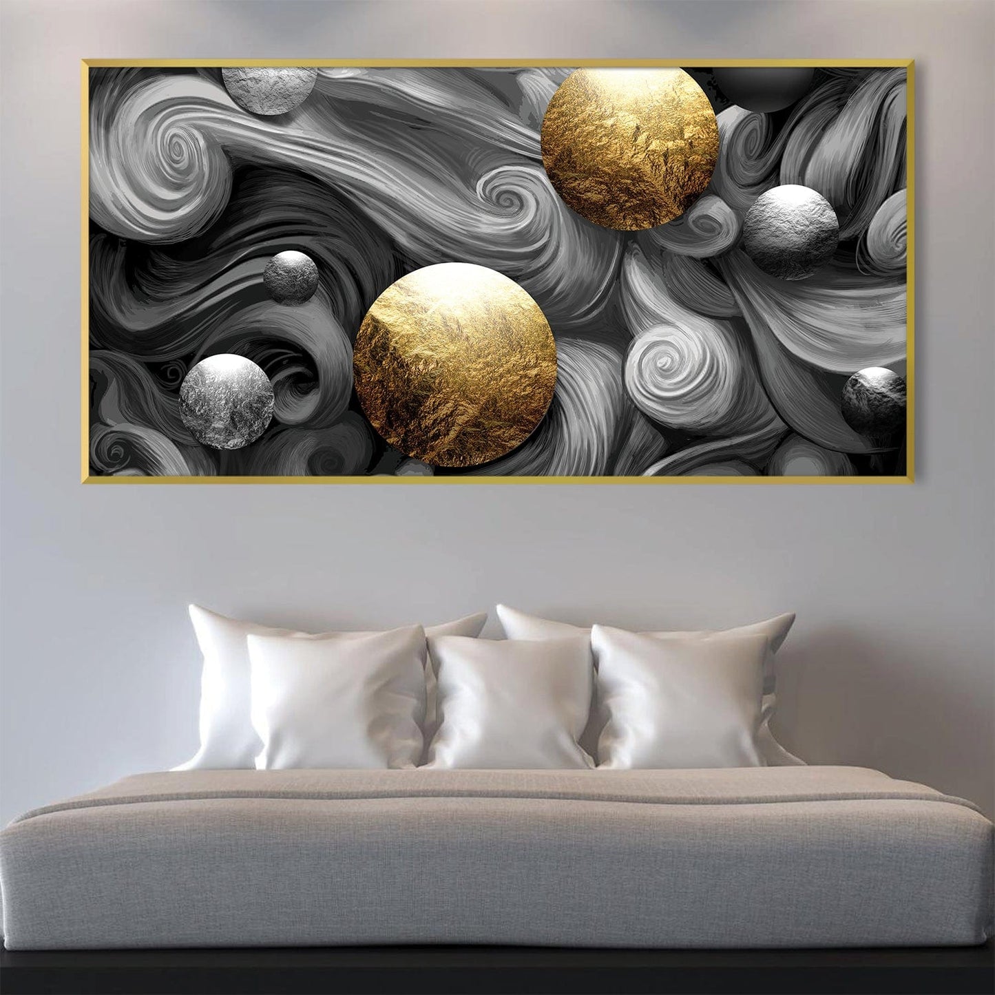 Abstract Black and Gold Swirling Spheres Oil Painting for Modern Decor