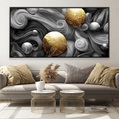 Abstract Black and Gold Swirling Spheres Oil Painting for Modern Decor