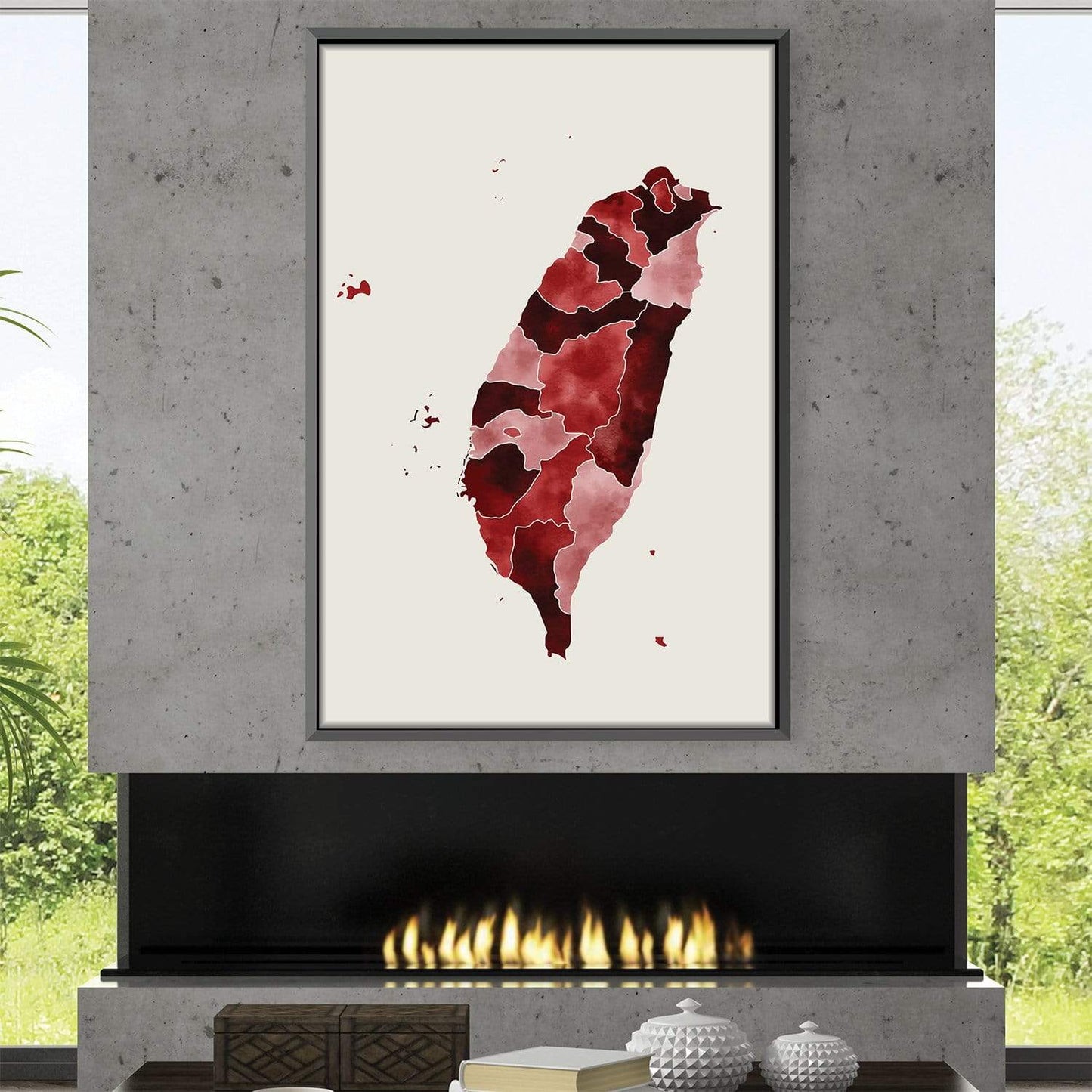 Abstract Taiwanese Map Oil Painting with Rich Red Hues for Modern Decor