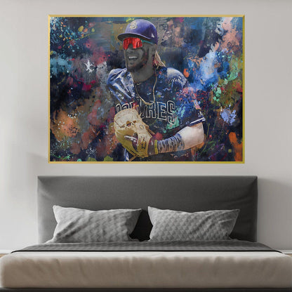 Vibrant Baseball Star Oil Painting with Colorful Abstract Splash Background