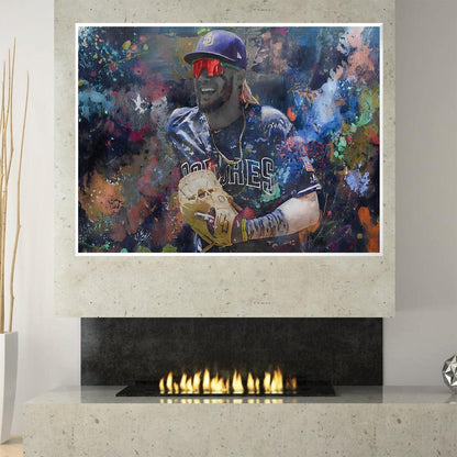 Vibrant Baseball Star Oil Painting with Colorful Abstract Splash Background