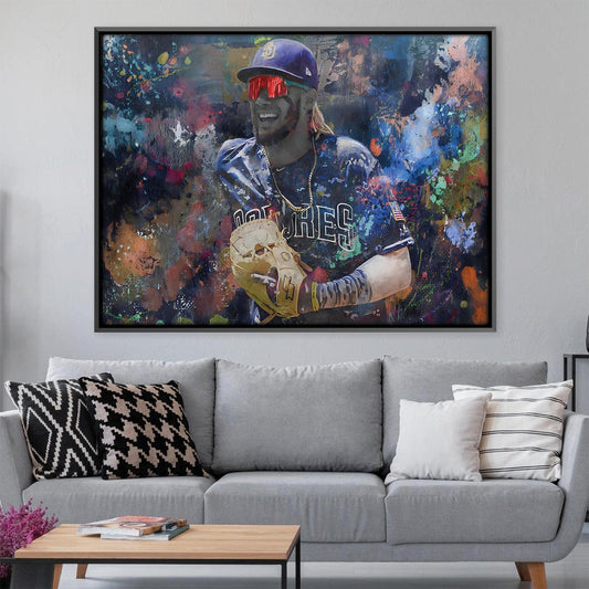 Vibrant Baseball Star Oil Painting with Colorful Abstract Splash Background