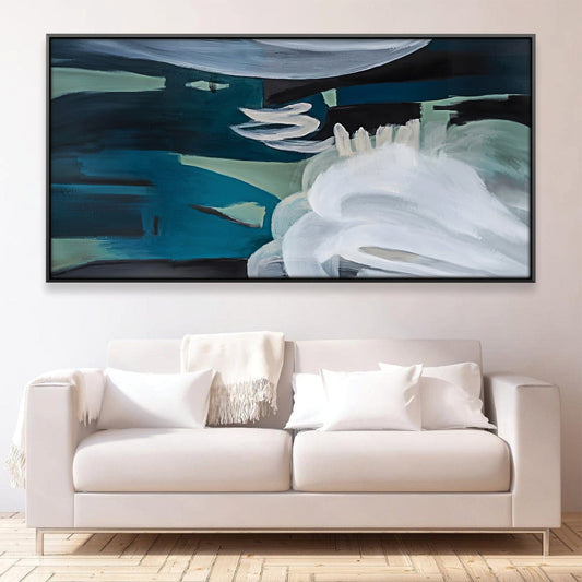 Abstract Teal Ocean Waves Oil Painting for Modern Living Room Decor