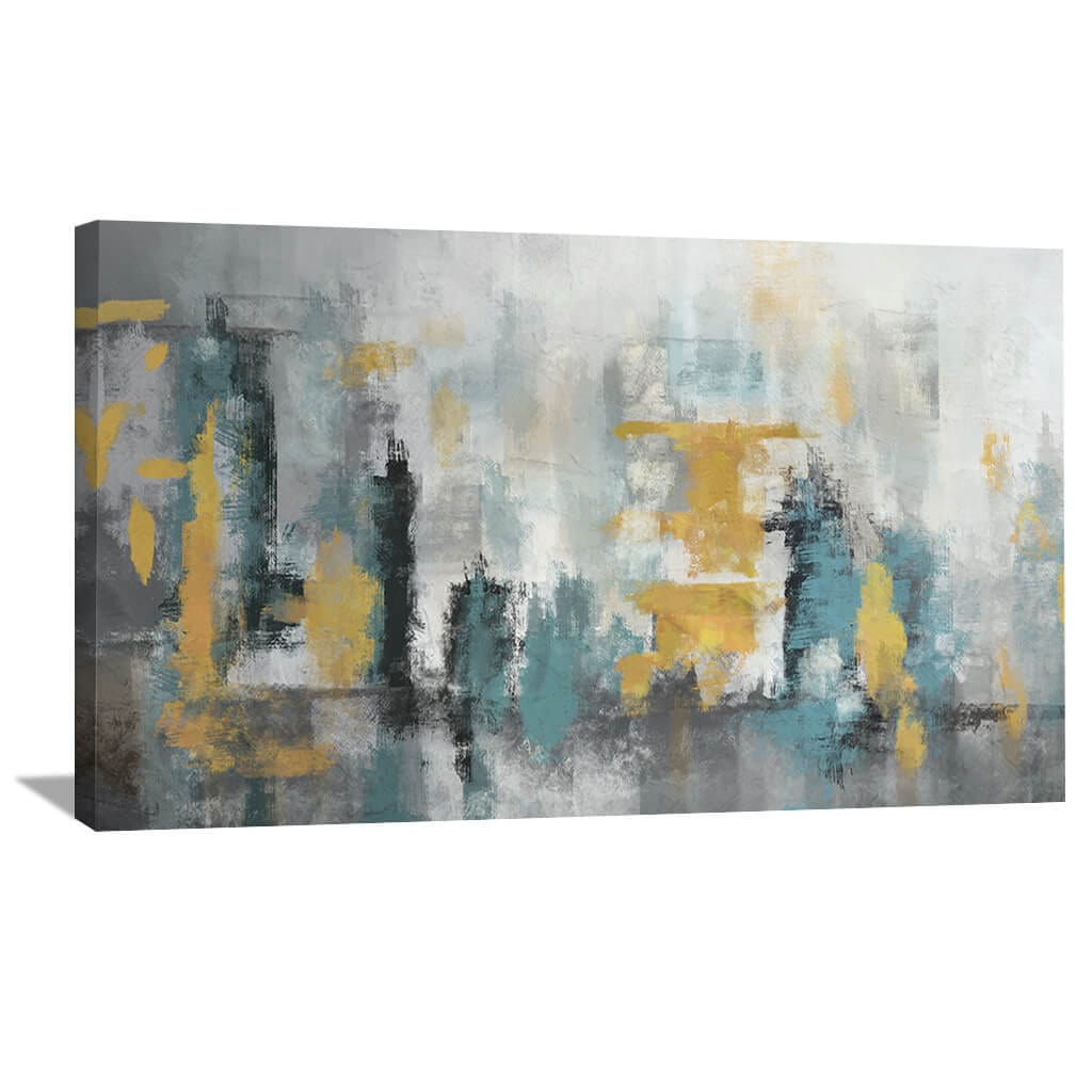 Abstract Oil Painting in Blue, Yellow, and Gray Tones for Modern Home Decor