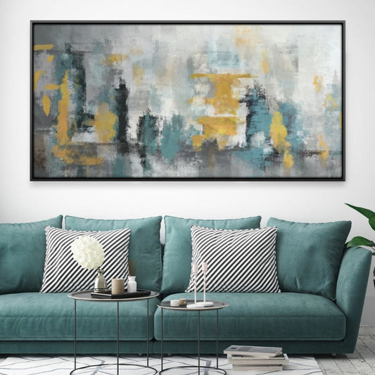 Abstract Oil Painting in Blue, Yellow, and Gray Tones for Modern Home Decor