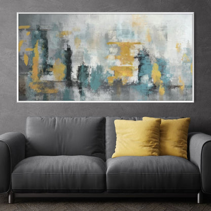 Abstract Oil Painting in Blue, Yellow, and Gray Tones for Modern Home Decor