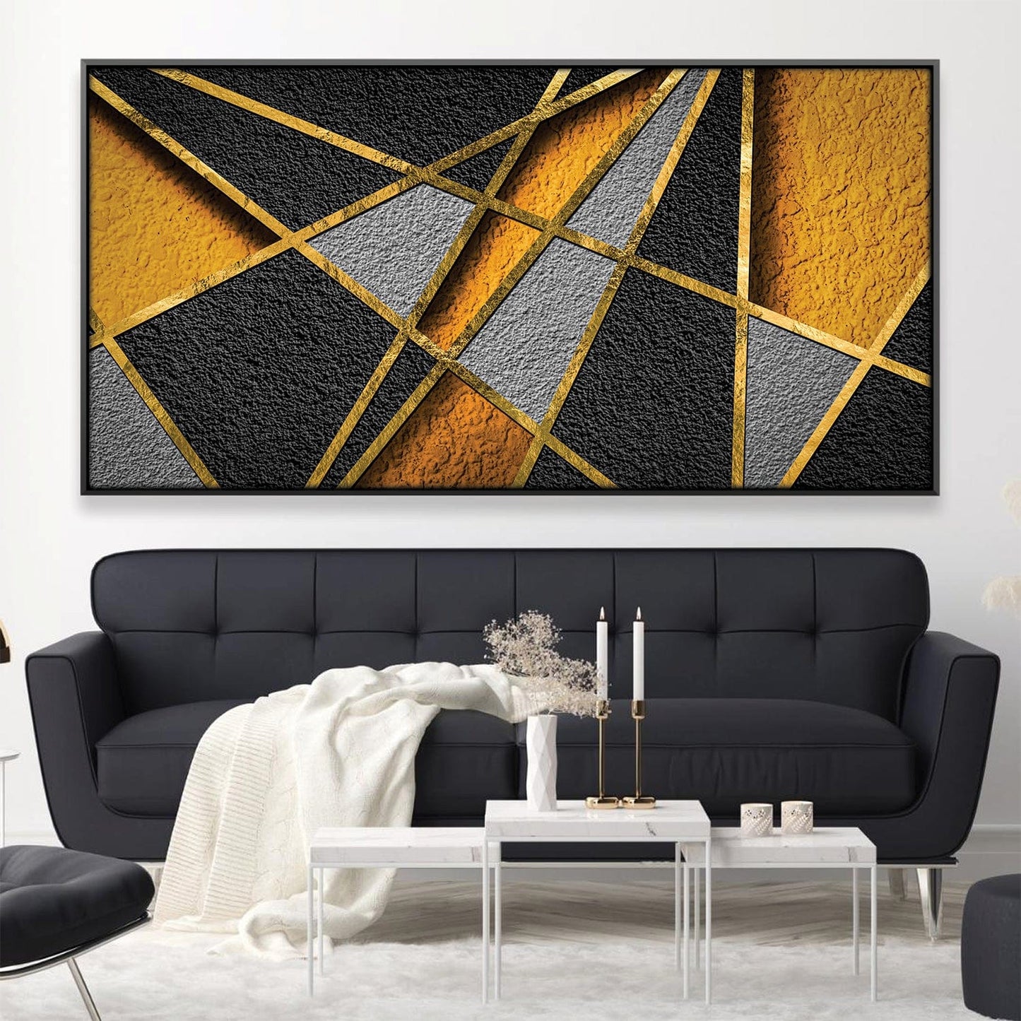 Modern Abstract Oil Painting with Textured Geometric Design in Gold and Black