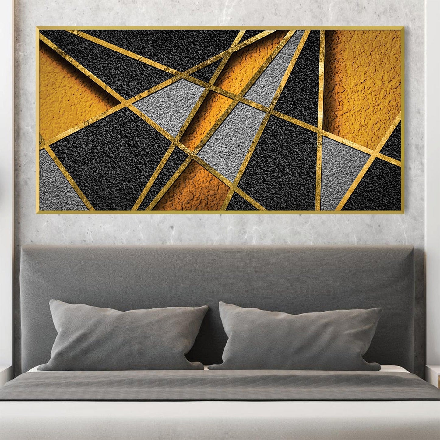 Modern Abstract Oil Painting with Textured Geometric Design in Gold and Black