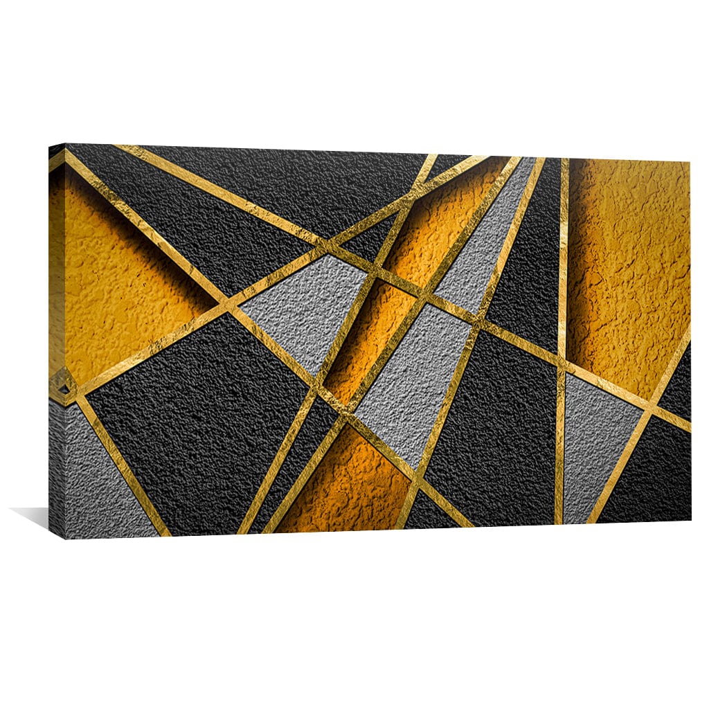 Modern Abstract Oil Painting with Textured Geometric Design in Gold and Black