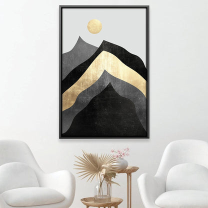 Abstract Mountain Landscape Oil Painting with Gold Accents for Modern Decor